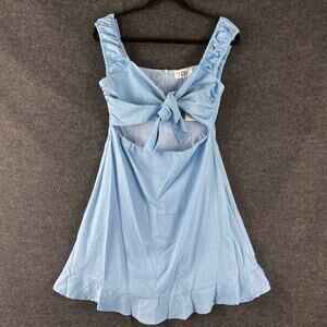 P Cill Linen Blend Mini Dress Womens Medium Blue Tie Front Ruffle Cut Out NEW‎
